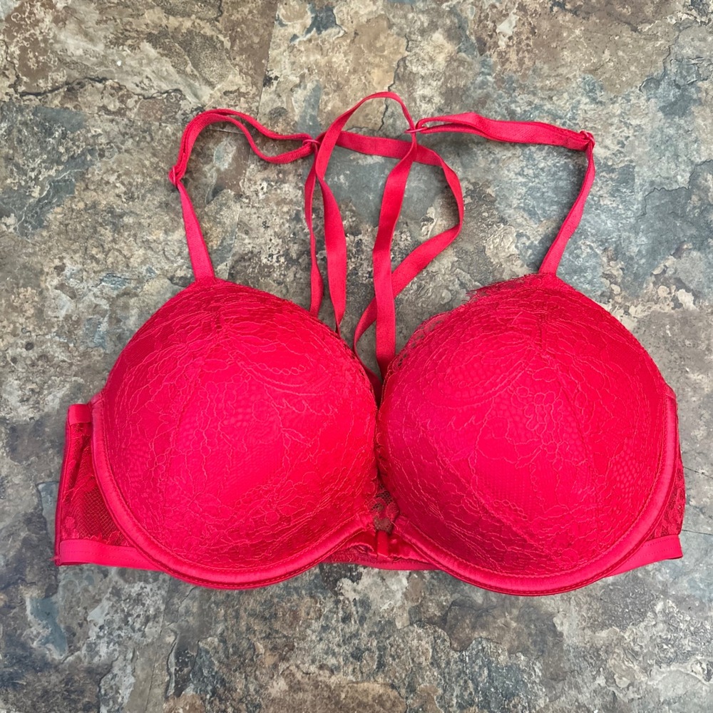 Victoria's Secret Bombshell Plunge Bra Womens Size 34B Red Floral Lace Push Up